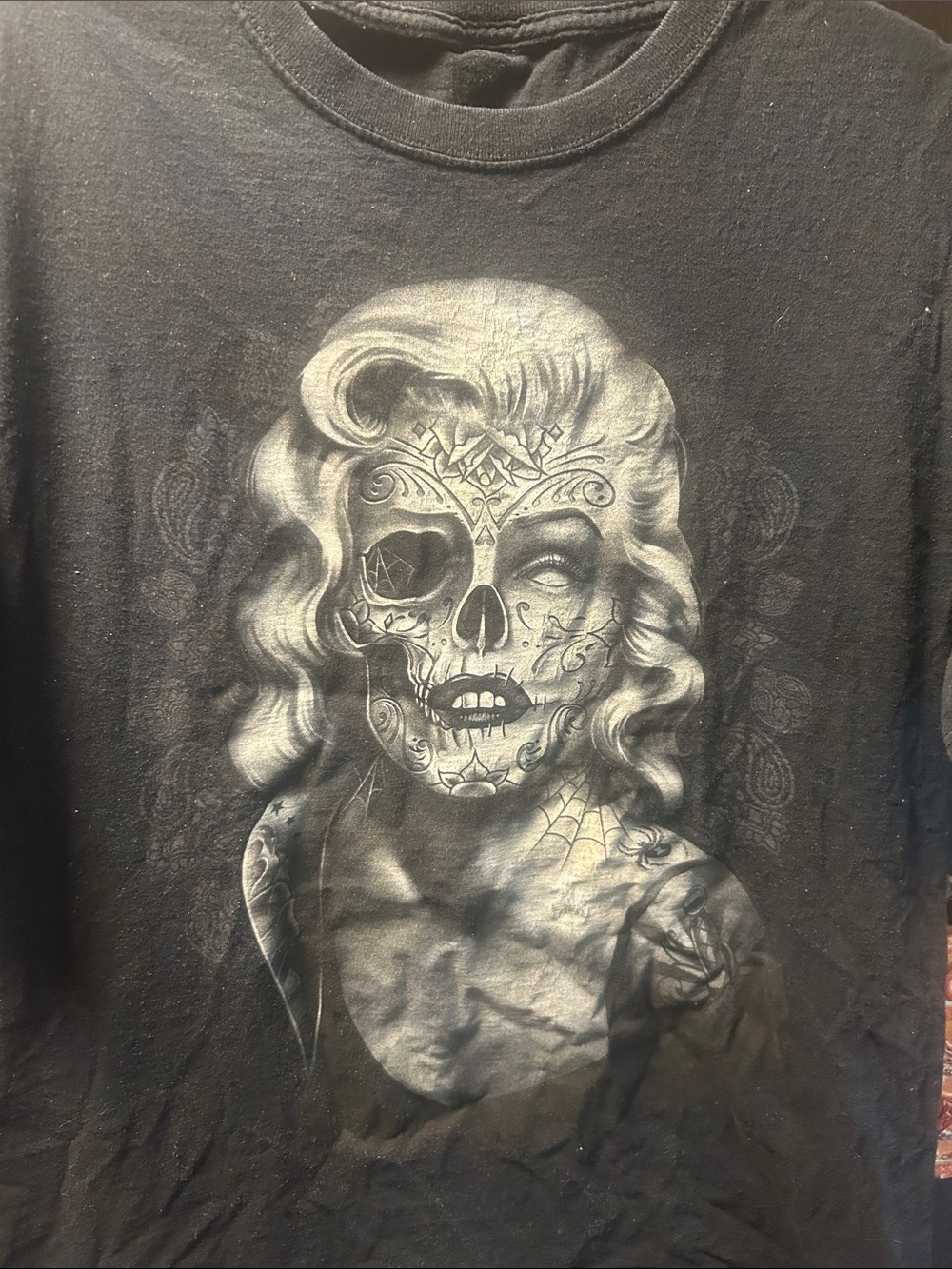 Source Unknown Black Tee with Monochrome Sugar Skull Portrait